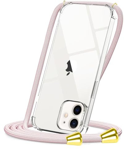 CAROKI Crossbody Case for iPhone 12, for iPhone 12 Pro,Necklace Mobile Phone Cover with Cord Strap,Clear Transparent TPU Soft iPhone 12/12 Pro Cover Holder with Neck Cord Lanyard Strap-Rose Gold