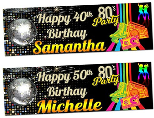 Personalisierbares Geburtstagsbanner im 80er-Jahre-Party-Thema, Disco-Tanzball, Dekoration, Poster, Feiern, Erwachsene, Kassettenband, Rollschuh, Radioscheibe