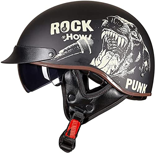 Motorcykelhjälm Halvhjälm Retro Jet-Hjälm ECE-Certifierad Snygg Halvöppen Hjälm Med Glasögon, Godkända Trafiksäkerhetstester E,M=57-58CM