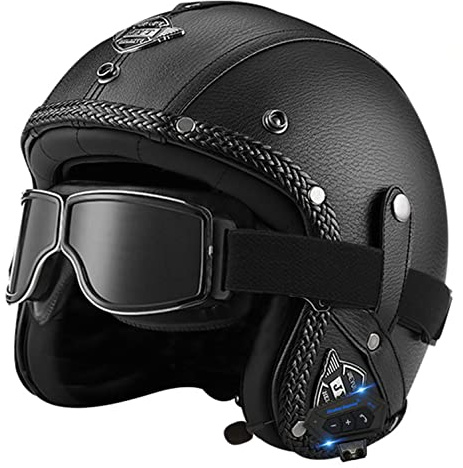Bluetooth Jethelm mit Visier Retro Pilotenhelm Qualität nach ECE-Norm Roller-Helm für Frauen und Herren im Vintage-Look, Motorrad-Helm mit Schutzbrille