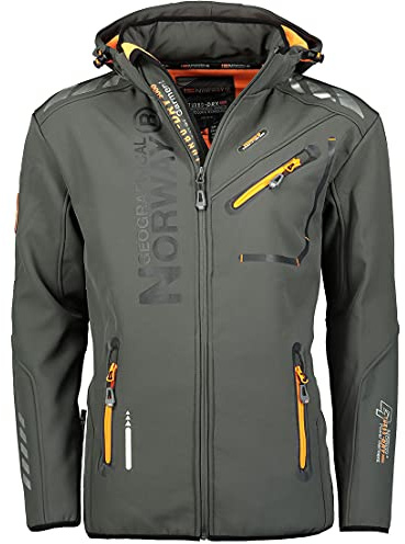 Geographical Norway Royaute Men Distribrands - Giacca Softshell impermeabile uomo - Giacca cappuccio traspirante all'aperto vento tattica resistente all'inverno (Grigrio_scuro_Arancione L)