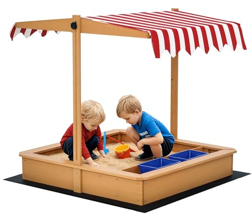 Outsunny Sand Pit Kids Wooden Sandbox with Cover Children Sandpit Play Station Height Adjustable with Canopy, Bottom Liner, Plastic Basins for Outdoor Aged 3-7 Years