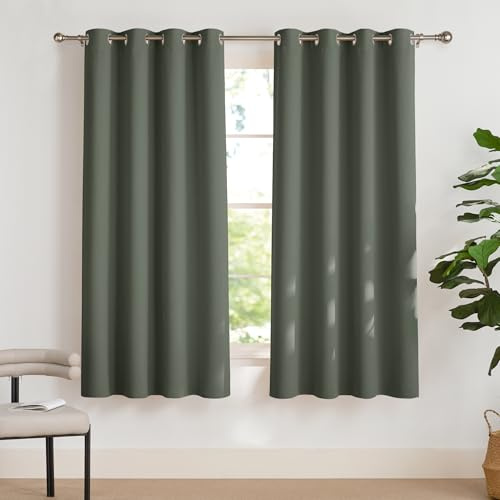 PONY DANCE Thermal Curtains Schlafzimmer Gardinen Blickdicht Kurz 2er Set | H175 x B140 cm, Graugrün, Vorhang Verdunkelung, Hitzeschutz, Sichtschutz, UV-Schutz, Kurz, Ösen, für Wohnzimmer Esszimmer