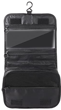 Kulturbeutel zum Aufhängen, Kulturbeutel Herren Damen Waschtasche Kosmetiktasche Schwarz mit Haken für Reise Camping Kosmetik Toilettenartikel (24×18×9cm)