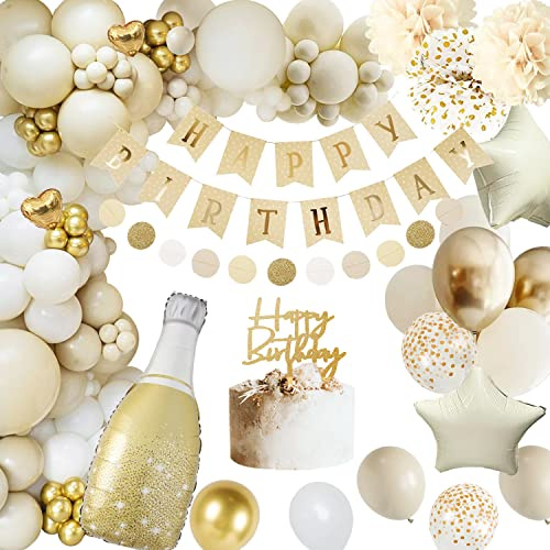 Decoration Anniversaire Femmes, Beige Or Joyeux Anniversaire Ballon, Bannière Joyeux, Gateau Décorations Pompons de Homme