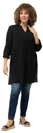 Ulla Popken Blusa Larga, crepé, Cuello alzado, Escote en V, Manga 3/4 Negro 50+ 818499100-50+