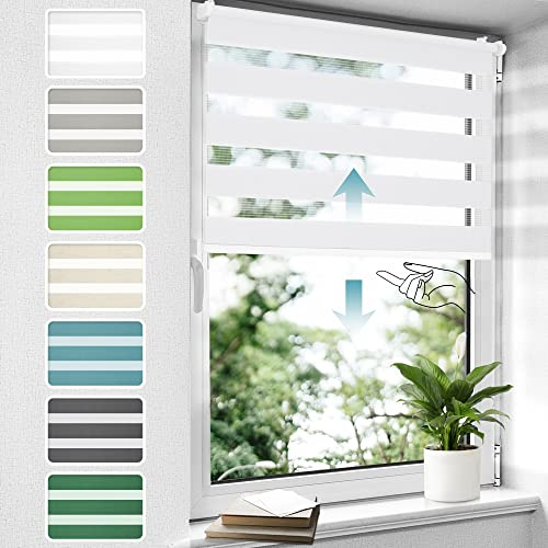 Doppelrollo schnurlos Klemmfix ohne Bohren Duo Rollos für Fenster & Tür, 80x120cm (BxH) Weiß, Drücken Und Ziehen Springrollos Klemmrollo ohne Schnur lichtdurchlässig & Blickdicht