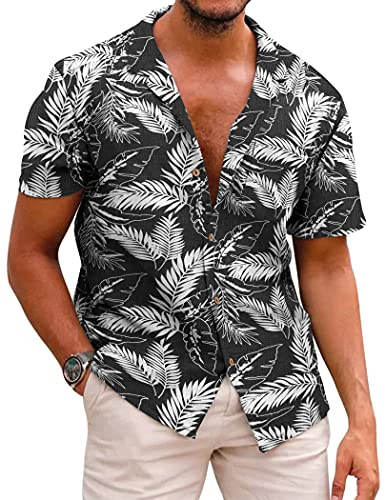 COOFANDY, Chemises en lin pour homme, chemises décontractées à manches courtes boutonnées pour homme, chemise de plage pour les vacances, M