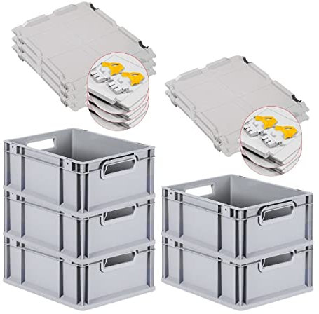 PROREGAL SuperSparSet 5x Eurobox NextGen Grip mit Scharnierdeckel und gelben Schiebeschnappverschlüssen, HxBxT 17x30x40cm, 16 L, Grau, Griffe offen, Eurobehälter, Transportbox