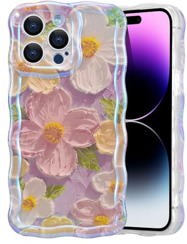 EYZUTAK für iPhone 14 Pro Hülle, Bunte Vintage Ölgemälde Blumen, Rosa | Glitzer Flower Muster Handyhülle, Niedliche Lockiges Wellenförmiger Rand, Langlebige TPU Schutzhülle, Für Mädchen Frauen