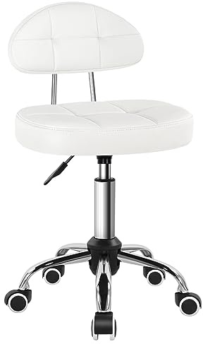 BFTOU Taburete giratorio minimalista cuadrado con rueda para trabajo, spa, tienda, masaje, ajustable en altura y económico, taburete con ruedas, silla con respaldo blanco