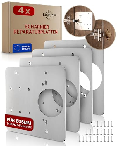LouMaxx Scharnier Reparaturset – 4er Set Scharnierreparaturplatte aus Edelstahl mit Schrauben – universelle Reparaturplatte für Scharniere bei lockeren Ø35mm-Möbelscharnieren aller gängigen Fabrikate