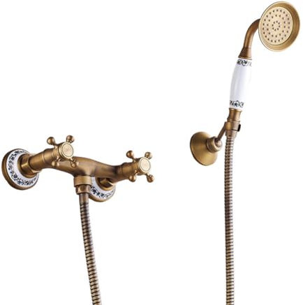 Badewannenarmatur Mit Handbrause Vintage - Messing Doppelhebel Wandmontage Wannenarmatur Dusche Set, Messing Antik Finish
