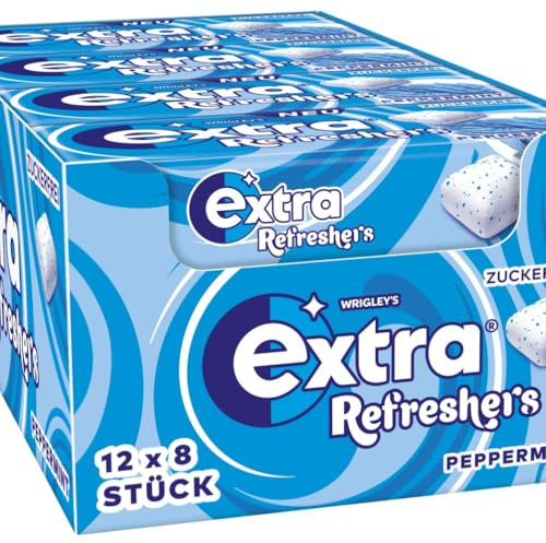Extra Refreshers Kaugummi zuckerfrei Peppermint 12x8 Dragees, 96 Stück | Zuckerfreier Kaugummi mit intensiver Pfefferminze für langanhaltende Frische im Büro, unterwegs und zwischendurch