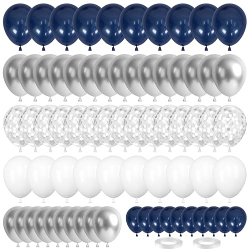 70 Stück Luftballons Blau Silber, Luftballons Navy Blau Silber Weiß, Silber Metallic Ballons, Latex Ballons Dunkelblau Weiß Silber Konfetti für Geburtstag Hochzeit Babyparty Luftballons Girlande Deko
