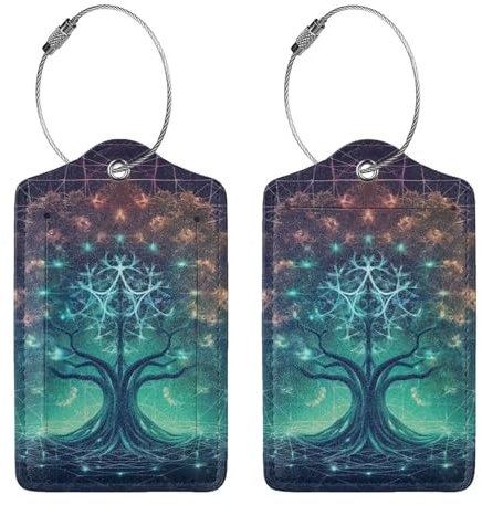 Gepäckanhänger aus PU-Leder für Koffer mit Sichtschutzabdeckung und Edelstahlschlaufe, digital, futuristische Baum-Symbol mit Weltraum-Gepäckanhänger, personalisierter Kofferanhänger, Namensschild,