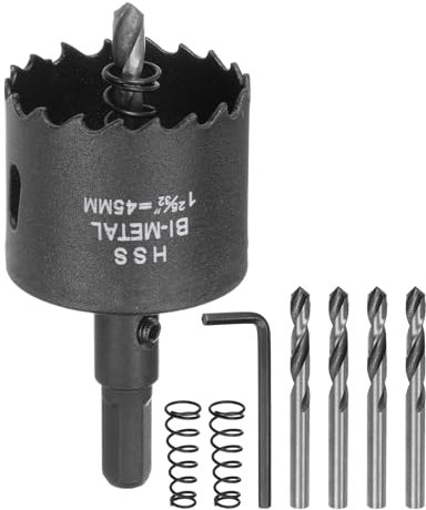sourcing map Bi-Metal Hole Saw Kit 45mm (1-25/32) Hole Cutter Set with 1pcs 15/32 Hex Shank Arbor 5pcs 1/4 Center Drill Bits 3ps Springs 1pcs Wrench for Wood Plastic Soft Metal