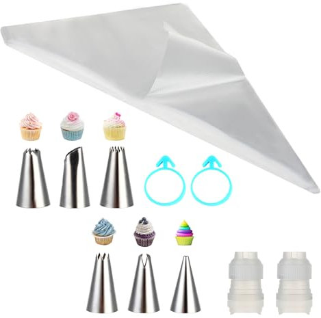 CRESZZLE Manga Pastelera Profesional - 100 Mangas Desechables 30x20CM + 6 Boquillas + 2 Acopladores + 2 Ligas de Silicona, Bolsa de Repostería Grande para Decorar Pasteles, Galletas y Cupcakes