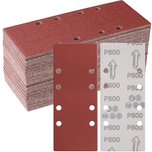 Sruhrak 50 Piezas 93 x 230mm Lijas para Lijadora, 800 Grano Rectangulares Papel de Lija 8 Agujeros Hojas de Lija para Rectangulares Lijadoras y Lijadora Orbital