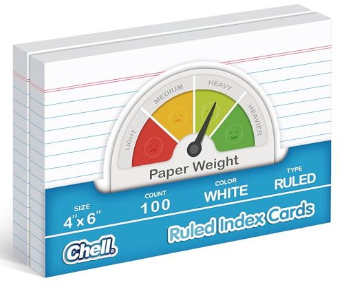 Chell Ruled Index Cards 4x6 Inch Heavyweight, 100 Count, Ruled Front and Blank Back, 65 lb. Cover Weight, White