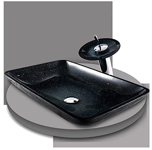 DLAZUM Schwarzes, ovales Waschbecken in Bootsform mit Farbverlauf, künstlerisches Glaswaschbecken fürs Badezimmer, Aufsatzwaschbecken mit Montagering (C)