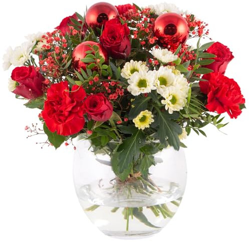 Weihnachtsstrauß Rote Weihnacht, Festlicher Blumenstrauß mit Weihnachtskugeln, Blumen versenden, handgebunden mit 7-Tage-Frische-Garantie, Rosen, Chrysanthemen, Nelken, Blumenversand