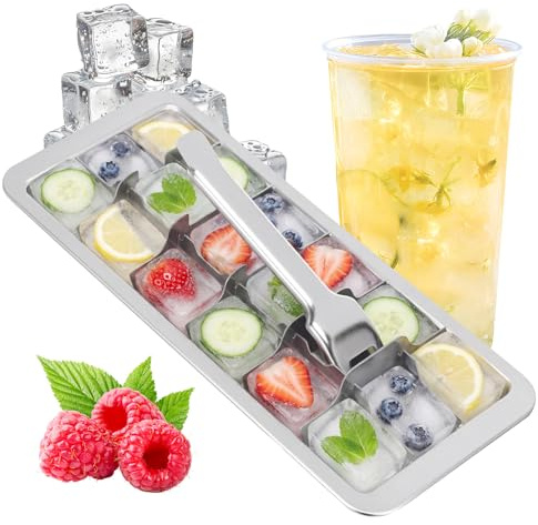 Stainless Steel Ice Cube Tray 18 Slot Removable Metal Ice Cube Maker with Handle Easy to Release and No Plastic Ice Cube Moulds Detachable Soup Freezer Square for Drinks & Frozen Foods Dishwasher Safe