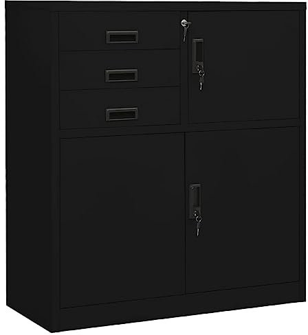 Archivador de metal con puertas y cajones con cerradura, armario de almacenamiento de oficina para el hogar, garaje, dormitorio, color negro