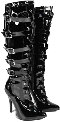 Bismaa Womens High Heel Boots With 5 Buckles - Ladies Kinky Fetish Stiletto Heel Full Side Zip Knee High Boots For Women Size UK, 10