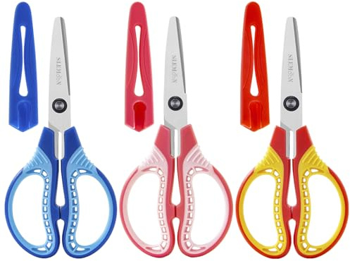 SLEMOON Kids Safety Scissors for Ages 4-6,6-8,8-11, 3-Pack 6'' Blunt Tip with Cover, Ambidextrous for Right & Left Hand, Soft Grip Handles,Premium Stainless Steel,Suit for School, Home, Craft Use