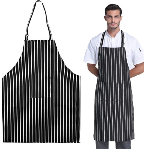 2 Pezzi Grembiule Cucina, Cuoco Grembiule Uomo Donna Regolabile con tasca, per cucina e cuoco ristorante, barbecue, caffè (strisce bianche e nere)
