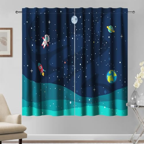 Kzzfqxb Cortinas Space Explore de 117x138cm 2 Paneles, diseño de Astronauta, Planetas con Bolsillo para Barra, decoración de fantasía Azul para Dormitorio Infantil, Sala de Estar y guardería