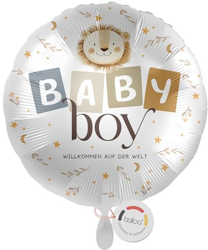 balloa Folienballon rund, Helium Ballon Geburt Junge, Geschenk zur Geburt Baby Boy, Babyparty Dekoration Junge, Luftballon Willkommen Baby, Motiv Löwe blau braun bedruckt, 33cm