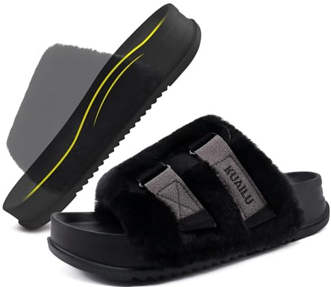 KuaiLu Womens Platform Slipper with Arch Support Soft Cushion Faux Fur Sandals Open Toe House Slipper Fluff Slides Indoor Outdoor,Black Size 5.5