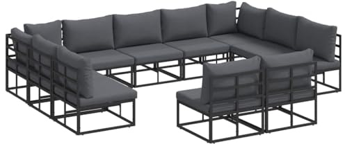 vidaXL Gartensofa-Set mit Kissen 11 pcs Schwarz Aluminium, Garten und Terrasse, modernes Outdoor-Sofa-Set, wetterfest, anpassbare Füße, Bequeme Möbel für außen