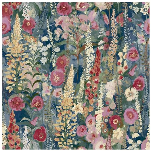 Lupin Navy Blue Pink Wallpaper Multicoloured Watercolour Florals 10m Roll | 10.05m x 53cm, ideal for a contemporary feature wall in a bedroom, dining room or living room, 53cm straight match