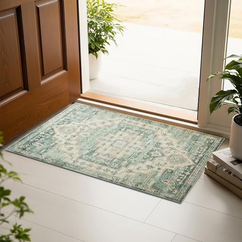 Aspire Homeware Machine Washable Area Rugs for Bedroom Small Sage Green Rug 40x60 cm Low Pile Non Slip Bedside Rug, Entryway Floor Carpet Traditional Vintage Design Mat for Kitchen Bathroom, Ember