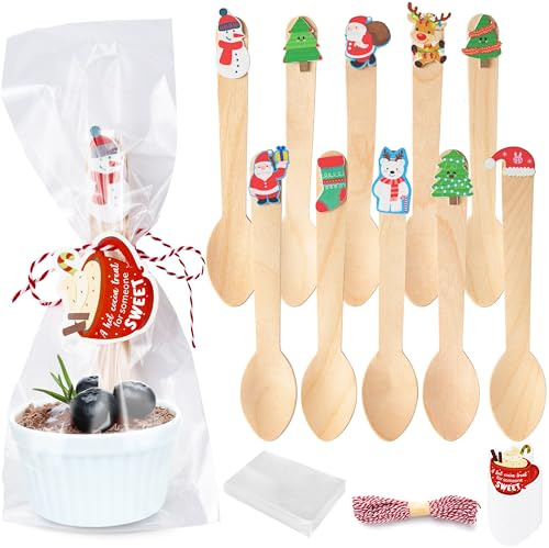 G1ngtar Christmas Wooden Spoons - 100 Set Xmas Disposable Spoons With Cute Top Tag Bag Rope, Snowman Tree Sample Taster Spoon, For Winter Tasting Hot Cocoa Chocolate Cake Ice Cream Stirring Supplies