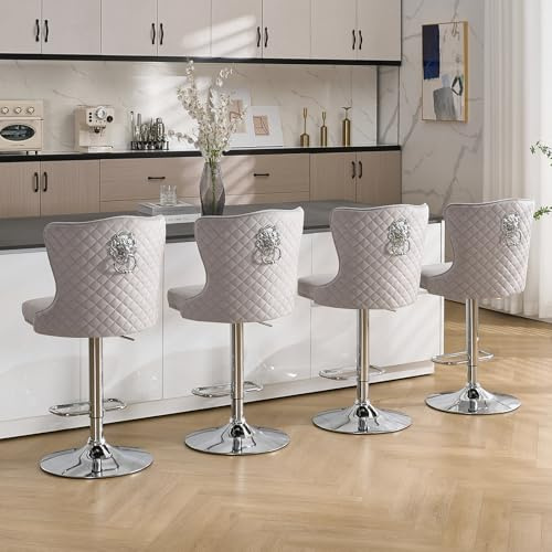 Relbiety Barhocker 4er Set mit Lehne,Drehbare Barhocker Höhenverstellbar aus Samt,Barstuhl Küchenhocker für Theke,Kücheninsel,Bar,Grau