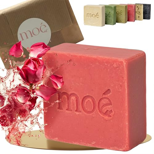 Moè Rosen Naturseife Feuchtigkeitsspendend beruhigende mit zartem Rosenduft – ideal für Damen mit trockene, sensible & reife Haut – Vegan ohne Zusatzstoffe ca. 115 g Festes Duschgel