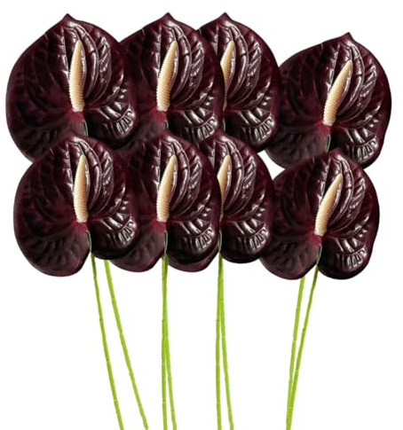 KABAKE 8 Stück 24 Zoll künstliche Anthurium Lilie Blumen dauerhafte gefälschte Blume für Home Tisch Mittelstücke Arrangement Strauß und grünes Blatt für Hochzeitsfest Party (Dunkelrot)