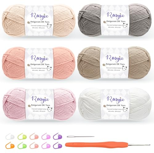 Renyiz Häkelgarn, 6 x 50 g Baumwollgarn (60% Baumwolle & 40% Acryl) DK Wolle zum Häkeln mit 2,5 mm Haken & Zubehör, geeignet für Babywolle Basteln & Stricken