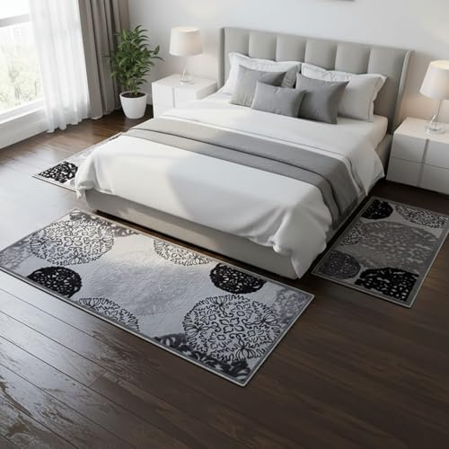 Tris Tappeti Camera da Letto Design Gobelin – Set 3 Pezzi (1 Tappeto Fondo Letto 80x150 + 2 Laterali 60x110) – Polipropilene Morbido, Antiscivolo, Facilità di Pulizia – Grigio/Nero Moderno