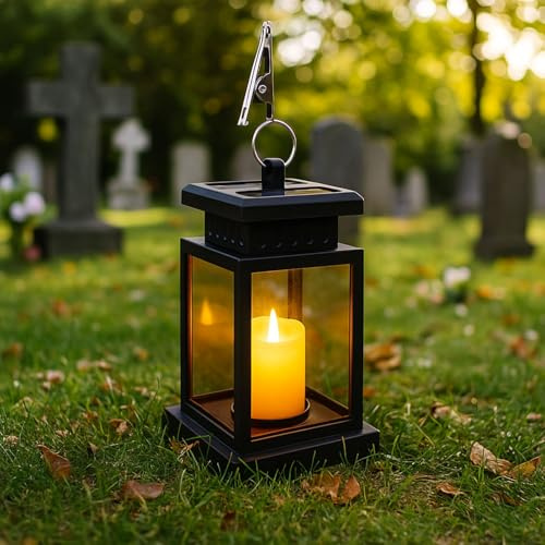 Grablaterne Friedhof Wetterfest Außen Schwarz Solar Laternen LED Kerzen Laternen Flackerlicht Outdoor Hängen Grablicht Grab Windlicht Grablampe für Draußen Garten Grab, Geschenk für Trauer (B)