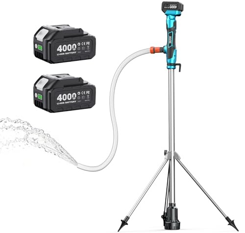 SEESII Akku-Stabwasserpumpe mit Stativ zum Freihändigen Pumpen | 2725 L/h Förderleistung, 5 m Förderhöhe, 2×4,0-Ah-Akkus, 3-Teiliger Schaft, für Pool, Whirlpool, Regentonne & Garten
