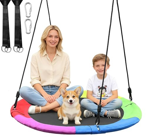Nestschaukel Ø100cm Outdoor – Bis 300kg Tragkraft, Verstellbare Hängeschaukel für Baum & Garten, Kinder & Erwachsene, in Blau/Grün/Bunt, Mit Vollständigem Montagesatz, Wasserfeste Rundschaukel