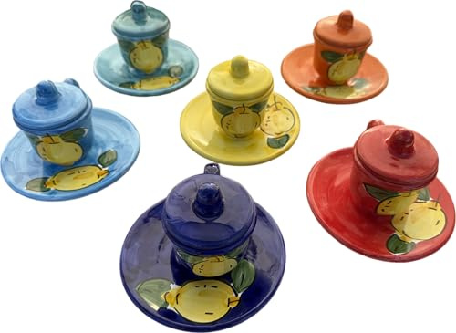 Generico Set 6 Tazzine da Caffè in Ceramica Artigianale con Piattino e Coperchio, Dipinte a Mano, Motivo Limoni, Colori Assortiti