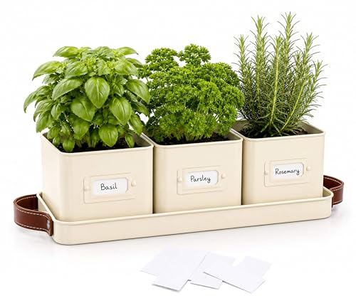 ADEPTNA 3 Pot Metal Herb Planter Set with Tray & Label Holders Indoor Outdoor Herb Kitchen Windowsill Garden Patio Herb Plant Pots with Handles for Basil Parsley Rosemary Includes Labels (WARM STONE)