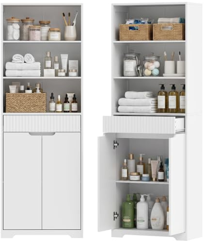 HOMCOM Armario Alto de Baño 3 Estantes Abiertos 60x30x171 cm Blanco | Mueble de Baño Estrecho, Cajón Acanalado, Estante Ajustable, Puertas de Cierre Suave, para Espacios Pequeños