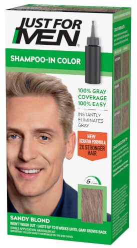 Just for Men Shampoo-In Hair Color Sandy Blond 10 | Shampoo-in Color sandy blond patented formula instantly targets grays. Keratin, olive oil, & vitamin E for stronger hair.